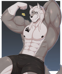 5_fingers abs anthro big_muscles big_pecs black_nipples body_hair bottomwear clothed clothing fingers fist flexing flexing_bicep footprint hair long_hair looking_at_viewer male muscular muscular_male nipple_piercing nipples pants pawprint pawprint_tattoo pecs piercing presenting_armpit smile smiling_at_viewer solo tattoo pinpinavine mac_b._howlin canid canine canis mammal wolf hi_res