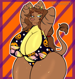 anthro areola areola_slip arms_bent bangs big_breasts bikini black_bikini black_clothing black_stripes black_swimwear breasts brown_body brown_eyebrows brown_fur brown_hair brown_tail brown_tail_tuft chin_piercing cleavage closed_smile clothed clothed_anthro clothed_female clothing ear_piercing ear_ring eyebrow_through_hair eyebrows eyeshadow fangs female floppy_ears freckled_face freckled_legs freckled_thighs freckles fur green_eyes grey_outline hair half-closed_eyes hands_behind_head holidays hoop_ear_ring huge_breasts huge_thighs light long_ears long_hair looking_at_viewer makeup mouth_closed narrowed_eyes nipple_outline nipples orange_background outline overweight overweight_anthro overweight_female pattern_background pattern_bikini pattern_clothing pattern_swimwear piercing pink_areola pink_nipples red_hair_tie red_nose ring_piercing simple_background smile smiling_at_viewer solo standing striped_arms striped_background striped_ears stripes swimwear tail tail_tuft teeth text thick_thighs topwear torn_bra torn_clothing torn_topwear translucent translucent_hair tuft two-piece_swimsuit whisker_spots yellow_body yellow_eyeshadow yellow_freckles yellow_fur ractoons halloween kayla_(balenforthekind) felid feline hybrid lagomorph leporid mammal rabbit 2024 artist_name colored digital_drawing_(artwork) digital_media_(artwork) english_description lighting portrait three-quarter_portrait