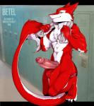 anthro balls big_balls big_penis erection foreskin fur genitals humanoid_genitalia humanoid_penis locker locker_room male nude penis red_body red_fur solo tail towel towel_around_neck vein veiny_penis unregisteredcat betel-geuse_(character) mammal sergal hi_res