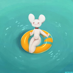 ambiguous_gender anthro collar featureless_feet feet flat_chested nude open_mouth pool_float sitting solo star_eyes thick_thighs water white_body hatrian hatrian_(character) ambiguous_species 1:1