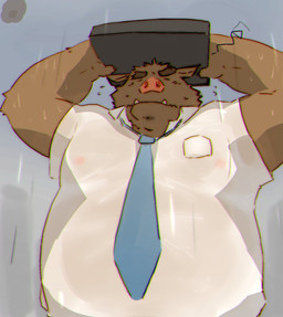 anthro belly big_belly brown_body brown_fur clothing eyes_closed fur kemono male necktie outside overweight overweight_male raining shirt solo topwear kisukemk777 mammal suid suine sus_(pig) wild_boar 2022 hi_res