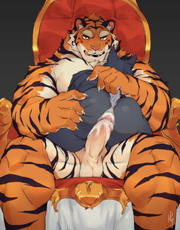 anal anal_penetration anthro anthro_on_anthro anthro_penetrated anthro_penetrating anthro_penetrating_anthro anus balls bareback black_body black_fur blush bodily_fluids butt chair countershading cum cum_in_ass cum_inside dominant duo erection eyebrows fur furniture genital_fluids genitals grey_body grey_fur hand_on_butt larger_anthro larger_dom larger_male licking licking_lips looking_at_viewer male male/male orange_body orange_fur penetration penile penile_penetration penis_in_ass sex simple_background sitting size_difference smaller_anthro smaller_male stripes throne tongue tongue_out white_body white_eyebrows white_fur impwitter canid canine felid mammal pantherine tiger 2021 hi_res
