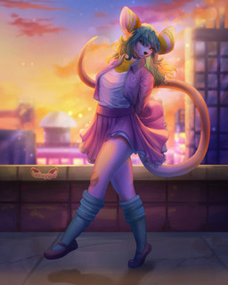 anthro bottomwear building city cityscape clothing cropped_jacket female fishnet_clothing footwear legwear looking_at_viewer outside rooftop shoes shortcord skirt socks solo stockings sunset vreygal bella_(shortcord) mammal mouse murid murine rat rodent 4:5 absurd_res hi_res trans_(lore)