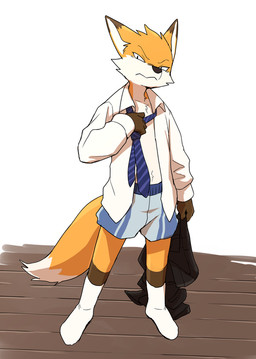 anthro bottomwear boxers_(clothing) clothing footwear fur glare grumpy legwear looking_at_viewer male necktie pants shirt simple_background socks solo standing topwear underwear white_background young young_anthro young_male manmosu_marimo senior_fox canid canine fox mammal 2018 digital_media_(artwork)