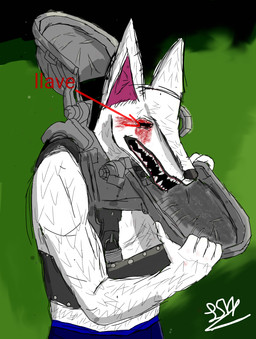 anthro blood bodily_fluids eyes_closed imminent_death male scared solo stand_up trapped blanco canid canine canis dobermann domestic_dog mammal pinscher