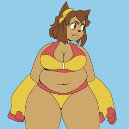 anthro bikini bikini_bottom bikini_top blue_background brown_hair clothing eyewear female fur goggles hair simple_background solo swimwear tan_body tan_fur two-piece_swimsuit bobbest_bob gameoverse glitch_productions kit_bodega domestic_cat felid feline felis mammal 1:1 hi_res