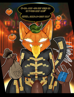 anthro big_breasts black_border blush blush_lines bodysuit border breasts clothing condom dark_body dark_skin dialogue disembodied_hand disembodied_penis empty_eyes eyelashes female first_person_view food for_a_head front_view fruit genitals grey_bodysuit grey_clothing grey_skinsuit holding_condom holding_object jack-o'-lantern looking_at_viewer male nipple_outline orange_body penis plant pumpkin sexual_barrier_device skeleton_costume skinsuit solo speech_bubble talking_to_viewer text thick_thighs tight_clothing tongue tongue_out wide_hips yellow_eyes yellow_tongue gallo_wazavi epic_games fortnite spice_(fortnite) domestic_cat felid feline felis mammal object_head hi_res