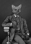 anthro chain clothing collared_shirt dress_shirt eyebrows fur gloved_hands looking_at_viewer male neck_tuft painting raised_eyebrow reclining shirt sitting solo suit_jacket topwear tuft banoncat gulonine mammal marten mustelid musteline pine_marten 2021 hi_res monochrome portrait