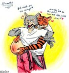 anthro beastars belly bengal_tiger big_belly bill_(beastars) canid canine canis clothed clothing clothing_lift countershading demyxanthony duo felid hand_on_belly hi_res legoshi_(beastars) male mammal navel pantherine pregnant pregnant_anthro pregnant_male shirt shirt_lift tiger topwear wolf