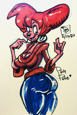 4_fingers anthro big_breasts big_butt bottomwear breasts butt clothing denim denim_bottomwear denim_clothing ear_piercing ear_ring female fingers heart_symbol hoop_ear_ring jeans looking_back open_mouth open_smile pants piercing ring_piercing smile solo thick_thighs wide_eyed insomniacpen disney goof_troop peg_pete canid canine canis domestic_dog mammal 2026 hi_res traditional_media_(artwork)