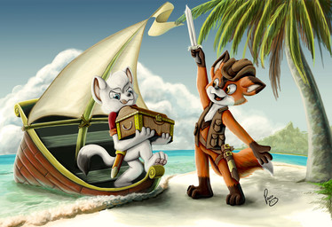 anthro beach black_nose blue_eyes blue_sky brown_clothing brown_hat brown_headwear clothing cloud duo fur glistening glistening_eyes hair hat headgear headwear holding_melee_weapon holding_object holding_sword holding_weapon licking licking_lips licking_own_lips logo male melee_weapon open_mouth open_smile orange_body orange_eyes orange_fur outside palm_tree pirate plant ship sky smile standing sword tongue tongue_out tree vehicle watercraft weapon white_body white_fur white_hair young young_anthro young_male pandapaco canid canine mammal artist_logo signature