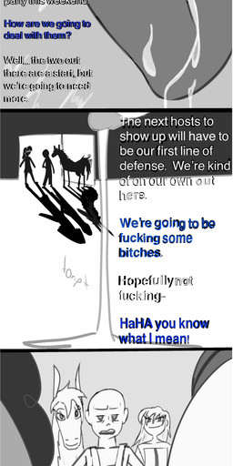 animal_genitalia bodily_fluids butt canine_genitalia clothing cum cum_drip dialogue dripping female female/female femboy feral genital_fluids genitals legwear male male/female stockings hannah_hh canid canine equid equine human mammal absurd_res comic hi_res long_image tall_image