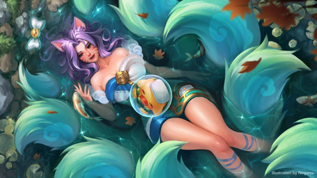 blue_eyes breasts clothing collarbone dress eyebrows eyelashes facial_markings female hair head_markings inner_ear_fluff lying markings multi_tail on_back purple_hair solo tail tuft water nogatsu1 league_of_legends riot_games tencent ahri_(lol) spirit_blossom_springs_ahri_(lol) animal_humanoid aquatic canid canid_humanoid canine canine_humanoid fish fox_humanoid humanoid mammal mammal_humanoid 16:9 2025 hi_res widescreen