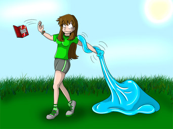 bottomwear brown_hair clothing day female footwear grass hair latex not_furry outside plant pokedex shirt shoes shorts solo sun surprised topwear fox0808 nintendo pokemon pokemon_trainer goo_creature human mammal 2011