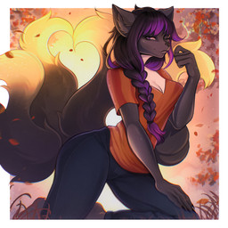 anthro autumn black_body black_fur black_hair bottomwear clothing denim denim_bottomwear denim_clothing entwined_tails female fur hair jeans pants shirt solo t-shirt tail tail_coil topwear warm_lighting seanyleas canid canine fox mammal 1:1 absurd_res hi_res shaded soft_shading warm_colors