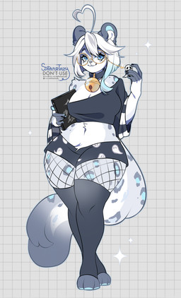 ahoge anthro bangs big_breasts blue_eyes bottomwear breasts clothing crop_top eyelashes eyewear female fishnet_clothing fishnet_leggings fishnet_legwear fur glasses hair holding_object leggings legwear long_eyelashes markings medium_hair navel pose round_glasses shirt shorts simple_background solo spots spotted_body spotted_fur standing stockings tail topwear wearing_glasses wide_hips sofntazixsfn felid mammal pantherine snow_leopard 2026 absurd_res colored digital_drawing_(artwork) digital_media_(artwork) hi_res shaded