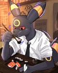 anthro anthrofied biped black_body black_eyes black_fur clothed clothing detailed_background eating food fur inside male necktie pokemorph red_sclera shirt slim_anthro slim_male solo sushi topwear shuishuibj nintendo pokemon eeveelution generation_2_pokemon pokemon_(species) umbreon 2024 hi_res