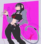 alternative_fashion anthro arm_tuft bangs belt black_hair black_nails bottomwear bracelet clothed clothing collar colored_nails ear_piercing facial_piercing female fingerless_gloves fur gloves goth grey_body grey_fur hair handwear jewelry labret_piercing lip_piercing lip_ring long_hair midriff nails navel pants piercing pink_eyes pointy_breasts ring_piercing shoulder_tuft solo spiked_collar spiked_tailband spikes standing topwear tube_top tuft scruffylad beth_(redustheriotact) haplorhine mammal monkey primate 2025