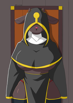 anthro big_breasts black_body breasts brown_body clothed clothing covered_eyes cultist door female fur horn inside long_socks nun nun_outfit open_mouth pink_nose solo standing thong under_boob underwear wide_hips wool_(fur) wool_hair anuvisur_(artist) nintendo pokemon generation_8_pokemon pokemon_(species) wooloo absurd_res hi_res