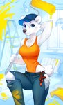 anthro baseball_cap blue_clothing blue_eyes blue_hat blue_headwear bottomwear breasts clothed clothing denim denim_bottomwear denim_clothing detailed_background female fur hand_behind_head hat headgear headwear holding_object inside jeans ladder leotard light looking_at_viewer midriff nipple_outline orange_clothing orange_leotard paint paint_roller painting pants radiator small_waist smile solo step_pose torn_bottomwear torn_clothing torn_jeans torn_pants white_body white_fur window yellow_paint 2d10 bear mammal polar_bear ursine 2022 digital_media_(artwork) hi_res lighting shaded