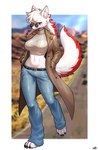 2024 absurd_res anthro barefoot belt bottomwear breasts brown_eyes canid canine clothing coat cropped_sweater cursedanchovy denim denim_bottomwear denim_clothing eyebrows eyelashes eyewear feet female fur glasses hair hand_in_pocket hi_res highlights_(coloring) inner_ear_fluff jeans kemono looking_at_viewer mammal midriff navel pants pockets red_highlights round_glasses solo sunglasses sweater tail topwear trenchcoat tuft walking white_body white_fur white_hair y2k_(fashion)