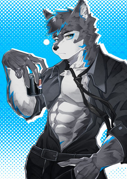 4_fingers abs accessory anthro belt black_nose blue_markings can canned_drink clothed clothing container dotted_background fingers fur grey_body grey_fur holding_can holding_container holding_object looking_at_viewer male markings multicolored_body multicolored_fur muscular muscular_male necktie open_clothing open_shirt open_topwear pattern_background shirt simple_background solo standing topwear white_body white_fur vectorshen pepsi pepsi_max thunderrangers archermagnum canid canine canis mammal wolf absurd_res cel_shading digital_drawing_(artwork) digital_media_(artwork) distracting_watermark film_grain half-length_portrait hi_res portrait shaded watermark