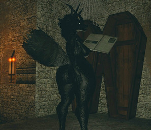 anthro anus big_butt black_body black_fur black_hair book bracelet butt coffin crypt female fluffy fluffy_tail fur hair hand_on_butt horn inside jewelry leather_bracelet looking_back nipples nude presenting presenting_hindquarters reading reading_book solo standing tail white_eyes isazicfazbear scp-023 2020 3d_(artwork) digital_media_(artwork)
