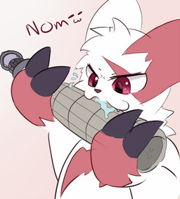 ambiguous_gender anthro bite bodily_fluids building fur lighthouse macro nom red_eyes saliva simple_background solo teeth kemotobi nintendo pokemon generation_3_pokemon pokemon_(species) zangoose 2012