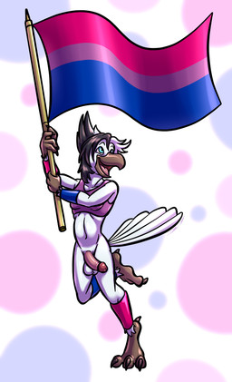 anthro avian_feet balls beak bisexual_pride_colors bottomless bottomless_anthro bottomless_male clothed clothing erection feathers feet fingers flag flag_(object) genitals holding_flag holding_object humanoid_genitalia humanoid_penis lgbt_pride male open_beak open_mouth penis pride_color_flag pride_colors rainbow_pride_colors simple_background six-stripe_rainbow_pride_colors smile solo tail tail_feathers toes topwear bassybefuddle conditional_dnp lgbt_pride_month kalo_division avian bird digital_media_(artwork) hi_res