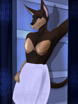 anthro athletic bedroom_eyes doorway leaning_on_doorway leaning_on_object male narrowed_eyes seductive solo towel towel_around_waist towel_only jaynidogg kareza sebastian_wolk canid canine canis dobermann domestic_dog mammal pinscher hi_res