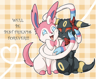 :d accessory ambiguous_gender black_body black_eyes black_fur black_nose blue_eyes blue_sclera bow_ribbon bow_tie dialogue duo exclamation_point feral fur hair_accessory hair_bow hair_ribbon heart_symbol hug humor japanese love markings open_mouth pattern_background pink_body pink_fur pink_markings plaid plaid_background pupils quadruped raised_leg red_eyes red_sclera ribbons sharp_teeth simple_background sitting smile stare symbol-shaped_pupils tail teeth text tongue unusual_pupils white_body white_fur yellow_body yellow_fur mearii-chi nintendo pokemon canid canine eeveelution generation_2_pokemon generation_6_pokemon mammal pokemon_(species) sylveon umbreon english_text unavailable_at_source