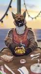 anthro beach food fries male sharing_food solo sunset nullyeen undefeated redline_(undefeated) hyena mammal 9:16 hi_res