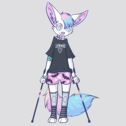 ambiguous_gender anthro bandage bandaged_arm beaded_jewelry beads black_clothing black_shirt black_t-shirt black_topwear blue_body blue_fur bottomwear cane clothing collar compression_sleeve disability fur gradient_hair grey_background hair jewelry kandi_(jewelry) looking_at_viewer mobility-aid multicolored_eyes pink_body pink_bottomwear pink_clothing pink_fur pink_inner_ear pink_nose shirt simple_background solo t-shirt text text_on_clothing text_on_shirt text_on_topwear topwear two_tone_tail wearing_collar white_body white_fur ardawg sherb_(arlo) canid canine fennec_fox fox mammal true_fox 1:1 hi_res nonbinary_(lore)