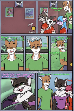 age_difference anthro black_body black_fur blue_hair breasts brown_eyes car chatting clothing cloud cloudy_sky dialogue door eyes_closed female female/female fur grass green_eyes grin group hair looking_up male male/female male/male open_mouth outside photo plant red_body red_fur road shirt sky smile sportswear t-shirt text topwear vehicle young young_anthro zenith-bell autumn_(masterofall) colleen_(masterofall) masterofall skye_(masterofall) viola_(masterofall) wanda_(masterofall) ailurid canid canine canis domestic_cat felid feline felis fox mammal prehistoric_species red_panda saber-toothed_tiger wolf 2:3 comic english_text hi_res