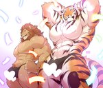 abs anthro armpit_hair biceps big_muscles big_pecs black_body black_fur blue_eyes body_hair brown_body brown_fur brown_hair butt claws clothing countershading duo fangs flexing fur hair jockstrap male mane muscular muscular_anthro muscular_male neck_tuft orange_body orange_fur pecs picepc pink_nose pose pubes smile standing striped_body striped_fur stripes teeth triceps tuft underwear white_body white_fur giraffe_(artist) lam-chan lion-san felid lion mammal pantherine tiger