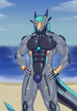 anthro lock_symbol machine male muscular nude null_bulge solo tail todisllo mythology dragon mythological_creature mythological_scalie robot scalie digital_media_(artwork) hi_res