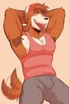 anthro armpit_hair armpit_tuft athletic athletic_anthro athletic_male backwards_baseball_cap backwards_hat baseball_cap biceps bodily_fluids body_hair bottomwear brown_body brown_fur brown_hair chest_tuft clothed clothing drooling drooling_tongue ears_down erect_nipples excited eyebrows floppy_ears fur grey_bottomwear grey_clothing grey_pants hair hair_through_hat hands_behind_head hat headgear headwear jock long_ears looking_at_viewer male nipples pants pecs pink_nipples pivoted_ears pose presenting red_clothing red_hat red_headwear red_shirt red_tank_top red_topwear saliva seductive shirt simple_background smile smiling_at_viewer solo standing suggestive suggestive_pose sweatpants tail tail_motion tailwag tank_top teeth teeth_showing thick_eyebrows tongue tongue_out topwear tuft white_background white_body white_fur yellow_eyes wilsondoggo64 wilson_(wilsondoggo64) beagle canid canine canis domestic_dog hunting_dog mammal scent_hound 2022 colored hi_res