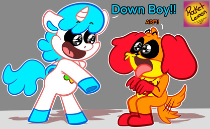 anthro black_eyes blue_hair duo female hair horn male orange_body tail text tongue unicorn_horn white_body rocketlennon mob_entertainment mythology poppy_playtime smiling_critters craftycorn dogday_(poppy_playtime) canid canine canis domestic_dog equid equine mammal mythological_creature mythological_equine unicorn english_text hi_res