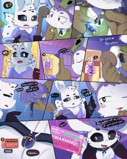 anthro black_sclera brown_clothing brown_gloves brown_handwear clothed clothing collar dialogue duo eyewear femboy fur gameplay_mechanics glasses gloves green_clothing green_sweater green_sweater_vest green_topwear green_vest handwear heterochromia jewelry leash leashed_collar legwear male male/male pendant poncho purple_body purple_fur speech_bubble sweater sweater_vest text thigh_highs topwear vest white_body white_fur wings phosenpai moki_(mokimonky) nacho_(nachokokoni) arthropod haplorhine insect lepidopteran mammal monkey moth primate absurd_res comic english_text hi_res