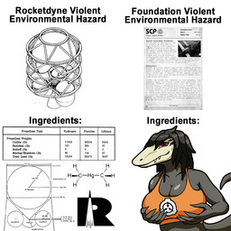 anthro big_breasts black_hair bone breasts brown_body claws clothing crop_top fangs female hair holding_breast humor long_hair messy_hair multi_eye non-mammal_breasts non-mammal_hair orange_clothing red_eyes research schematic shirt simple_background skull skull_head smile smiling_at_viewer snaggle_teeth snaggle_tooth solo teeth text topwear white_background mrtea rocketdyne scp_containment_breach scp_foundation scp-682 monster scalie 1:1 english_text meme