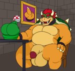 ambiguous_gender anthro balls big_balls big_butt big_pecs big_penis bowser bracelet brick butt chair claws elemental_creature finger_claws flaccid flora_fauna furniture genitals gesture glans hair half-closed_eyes hand_gesture hand_on_knee hand_on_leg hi_res horn jewelry koopa looking_at_viewer male mario_bros middle_finger musclegut muscular narrowed_eyes nintendo open_mouth pecs penis pipe piranha_plant plant red_eyes red_hair scalie shell sitting smile spikes table teeth tongue waniiime_(artist)