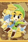 blonde_hair clothing green_clothing hair hourglass_(object) male melee_weapon not_furry shield simple_background solo sword weapon yellow_background unknown_artist nintendo phantom_hourglass the_legend_of_zelda wind_waker toon_link humanoid hylian 2015 hi_res