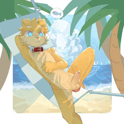 5_fingers anthro arm_tuft balls balls_in_underwear beach blue_eyes blush bodily_fluids body_blush chest_tuft claws clothing cloud collar dripping erection facial_tuft finger_claws fingers foreskin fur genital_fluids genitals grey_nose hammock hand_behind_head humanoid_genitalia humanoid_penis interspecies kemono lying male mostly_nude multicolored_body multicolored_fur palm_tree penis penis_blush plant precum precum_drip red_collar sea shoulder_tuft solo spread_legs spreading tan_balls tan_body tan_fur tan_penis thought_bubble tree tuft two_tone_body two_tone_fur underwear water yellow_body yellow_fur young young_anthro young_male regcron crowl_(regcron) canid canine canis domestic_dog mammal 1:1 2026
