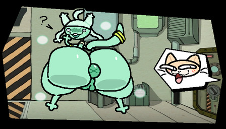 anthro anus big_butt big_tail blush blush_lines bubble_butt butt duo female floating floating_tail floating_whiskers fur genitals glistening glistening_anus glistening_body glistening_butt green_anus green_body green_butt green_vulva huge_butt looking_at_viewer looking_back male multicolored_body multicolored_fur nude nude_female offscreen_character one_tooth open_mouth presenting presenting_hindquarters puffy_anus question_mark screencap screencap_background smile smug tail tan_body tan_fur teeth thick_thighs tongue vulva whiskers white_eyes x_anus nxyitn lobotomy_corporation project_moon bababooey_(nxyitn) fairy_festival abnormality_(project_moon) felid feline mammal 7:4
