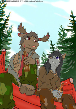 alcohol anthro antlers beer beverage black_hair blue_eyes bottle bottomwear breasts brown_body camo camo_bottomwear camo_clothing camo_pants camo_print car cheek_tuft clothed clothing container detailed_background duo evergreen_tree eye_contact eyebrow_through_hair eyebrows facial_tuft fangs female fisheye_lens green_eyes grey_body grey_hair hair holding_bottle holding_container holding_object hooves horn jacket looking_at_another male open_mouth outside pants pattern_bottomwear pattern_clothing pattern_pants pine_tree plant shirt sitting sky smile teeth text tongue topwear translucent translucent_hair tree tuft vehicle canisfidelis bat deer mammal moose new_world_deer digital_media_(artwork) english_text hi_res