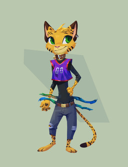 3_toes anthro arnis barefoot bottomwear clothing collar denim denim_bottomwear denim_clothing ear_piercing ear_ring facial_markings feet female female_anthro fur green_eyes hand_on_side head_markings head_tuft jeans jersey long_sleeve_shirt long_tail looking_aside markings pants pawpads piercing pointy_ears pose pupils ring_piercing shirt simple_background slit_pupils smile solo spots spotted_body spotted_fur striped_markings stripes tail text text_on_clothing toes topwear torn_bottomwear torn_clothing torn_jeans torn_pants tuft yellow_body yellow_fur ruffu pepper_in_the_sandbox pepper_(ruffu) felid feline mammal serval artist_name colored detailed digital_drawing_(artwork) digital_media_(artwork) digital_painting_(artwork) painting_(artwork) shaded signature