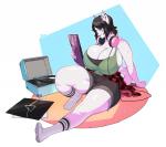 anthro band_merch big_breasts biped breasts clothed clothing curvy_figure electronics female headphones huge_breasts sitting slightly_chubby smile solo thick_thighs voluptuous boosterpang pink_floyd the_dark_side_of_the_moon_(album) maggie_applebee canid canine mammal