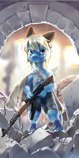 angry anthro barefoot blue_body blue_eyes bottomwear cape clothing feet gun hair horn male ranged_weapon rifle rubble short_hair shorts solo standing weapon white_hair tukimi_negitoro scalie 2015 hi_res