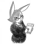 anthro clothed clothing female fur high-angle_view looking_at_viewer looking_up multicolored_body multicolored_fur smile smirk solo stylus suit tablet tablet_computer two_tone_body two_tone_fur largehadronkalidah rimba_racer ms._torres_(rimba_racer) lagomorph leporid mammal rabbit greyscale monochrome