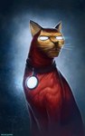 ambiguous_gender black_nose collar empty_eyes feral feralized fur inner_ear_fluff red_body red_fur simple_background solo tuft whiskers yellow_body yellow_fur naionmikato marvel iron_man domestic_cat felid feline felis mammal 2012 digital_media_(artwork)